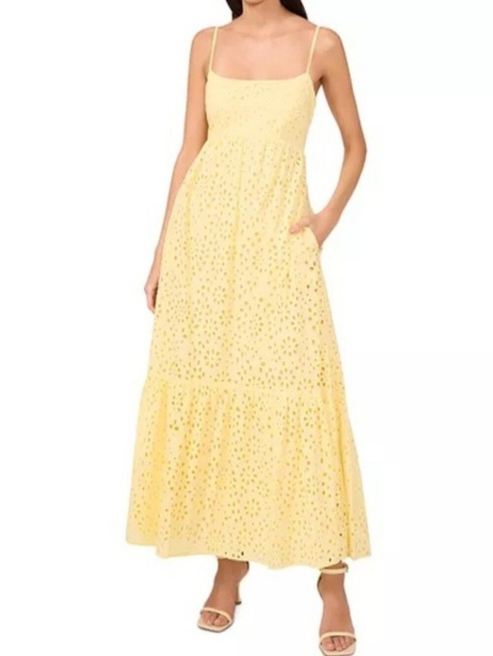 1.STATE Yellow Flounce Hem Eyelet Maxi Dress